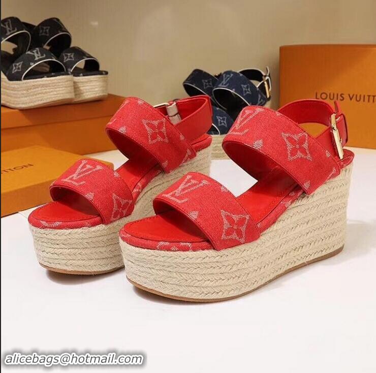 Most Popular Louis Vuitton Heel 10cm Platform 6cm Harbour Wedge Sandals LV94901 Denim Red 2019