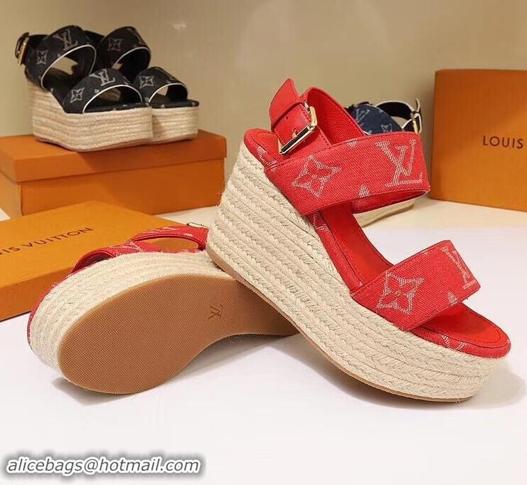 Most Popular Louis Vuitton Heel 10cm Platform 6cm Harbour Wedge Sandals LV94901 Denim Red 2019