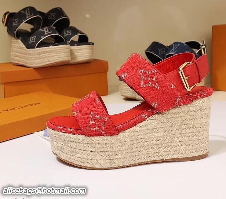 Most Popular Louis Vuitton Heel 10cm Platform 6cm Harbour Wedge Sandals LV94901 Denim Red 2019