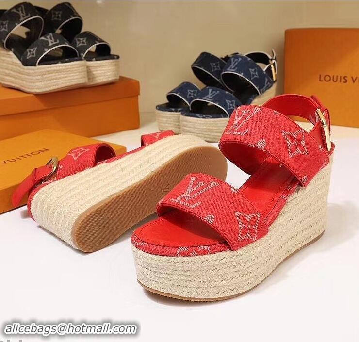 Most Popular Louis Vuitton Heel 10cm Platform 6cm Harbour Wedge Sandals LV94901 Denim Red 2019