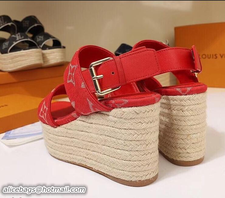 Most Popular Louis Vuitton Heel 10cm Platform 6cm Harbour Wedge Sandals LV94901 Denim Red 2019