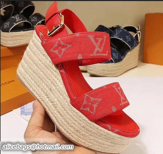 Most Popular Louis Vuitton Heel 10cm Platform 6cm Harbour Wedge Sandals LV94901 Denim Red 2019