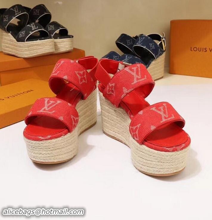 Most Popular Louis Vuitton Heel 10cm Platform 6cm Harbour Wedge Sandals LV94901 Denim Red 2019