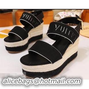 Feminine Louis Vuitton Heel 10cm Platform 6cm Harbour Wedge Sandals LV94904 Canvas Black 2019