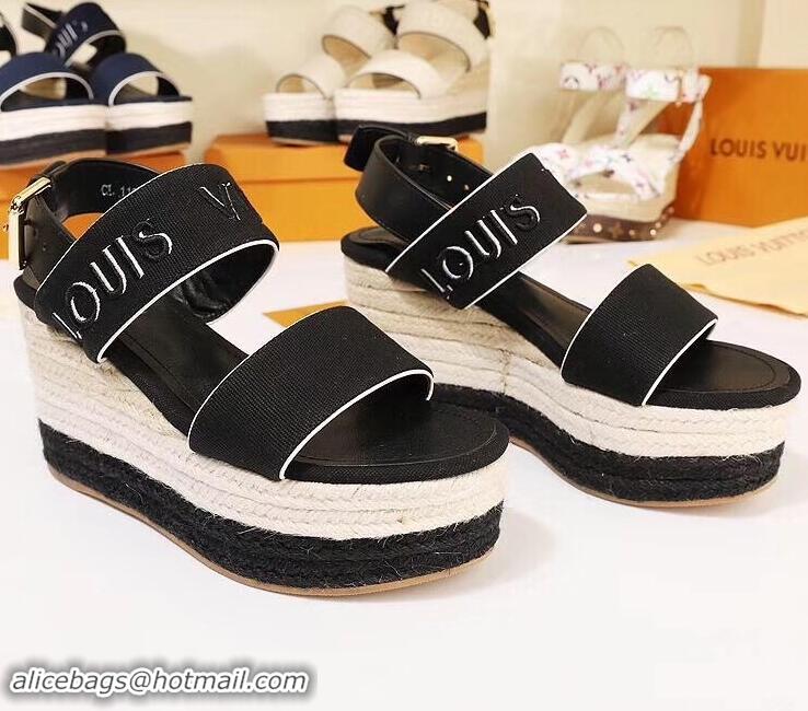 Feminine Louis Vuitton Heel 10cm Platform 6cm Harbour Wedge Sandals LV94904 Canvas Black 2019