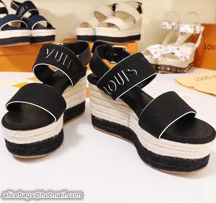 Feminine Louis Vuitton Heel 10cm Platform 6cm Harbour Wedge Sandals LV94904 Canvas Black 2019