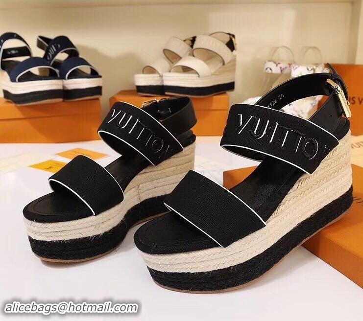 Feminine Louis Vuitton Heel 10cm Platform 6cm Harbour Wedge Sandals LV94904 Canvas Black 2019