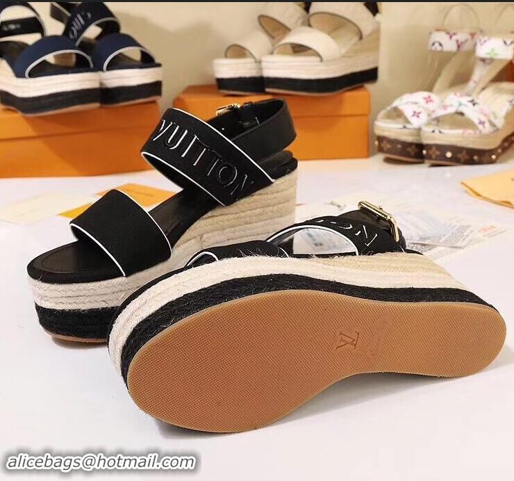 Feminine Louis Vuitton Heel 10cm Platform 6cm Harbour Wedge Sandals LV94904 Canvas Black 2019