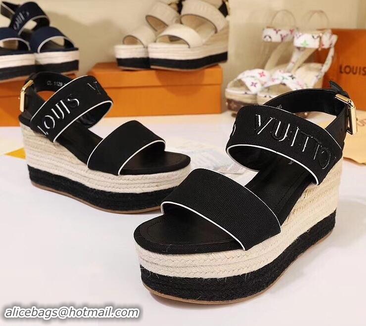 Feminine Louis Vuitton Heel 10cm Platform 6cm Harbour Wedge Sandals LV94904 Canvas Black 2019