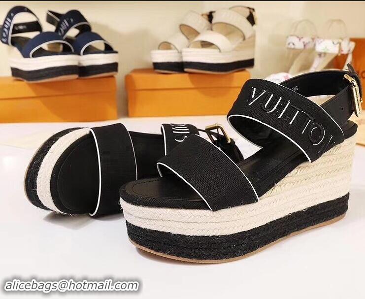 Feminine Louis Vuitton Heel 10cm Platform 6cm Harbour Wedge Sandals LV94904 Canvas Black 2019