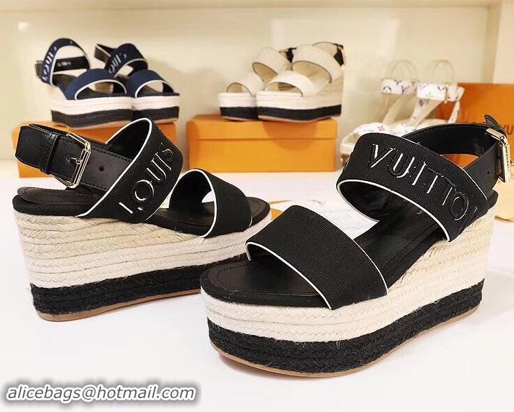 Feminine Louis Vuitton Heel 10cm Platform 6cm Harbour Wedge Sandals LV94904 Canvas Black 2019