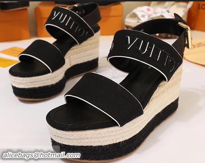 Feminine Louis Vuitton Heel 10cm Platform 6cm Harbour Wedge Sandals LV94904 Canvas Black 2019