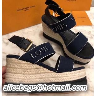 Pretty Style Louis Vuitton Heel 10cm Platform 6cm Harbour Wedge Sandals LV94904 Canvas Navy Blue 2019