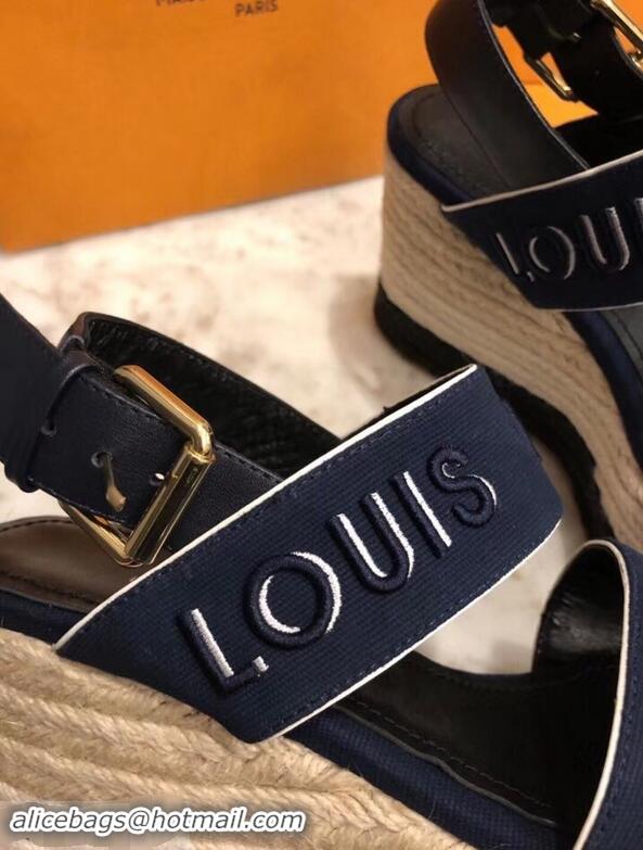 Pretty Style Louis Vuitton Heel 10cm Platform 6cm Harbour Wedge Sandals LV94904 Canvas Navy Blue 2019