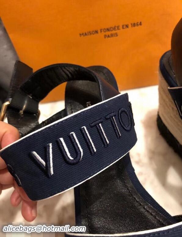 Pretty Style Louis Vuitton Heel 10cm Platform 6cm Harbour Wedge Sandals LV94904 Canvas Navy Blue 2019