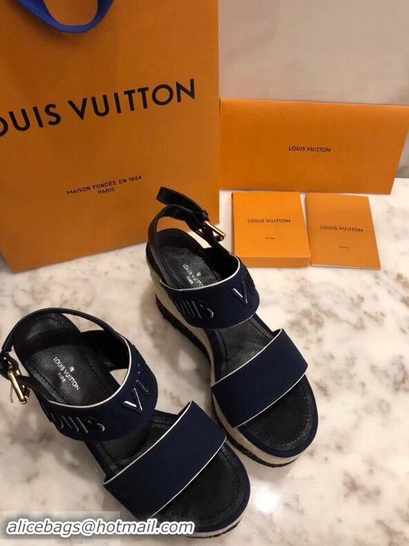 Pretty Style Louis Vuitton Heel 10cm Platform 6cm Harbour Wedge Sandals LV94904 Canvas Navy Blue 2019