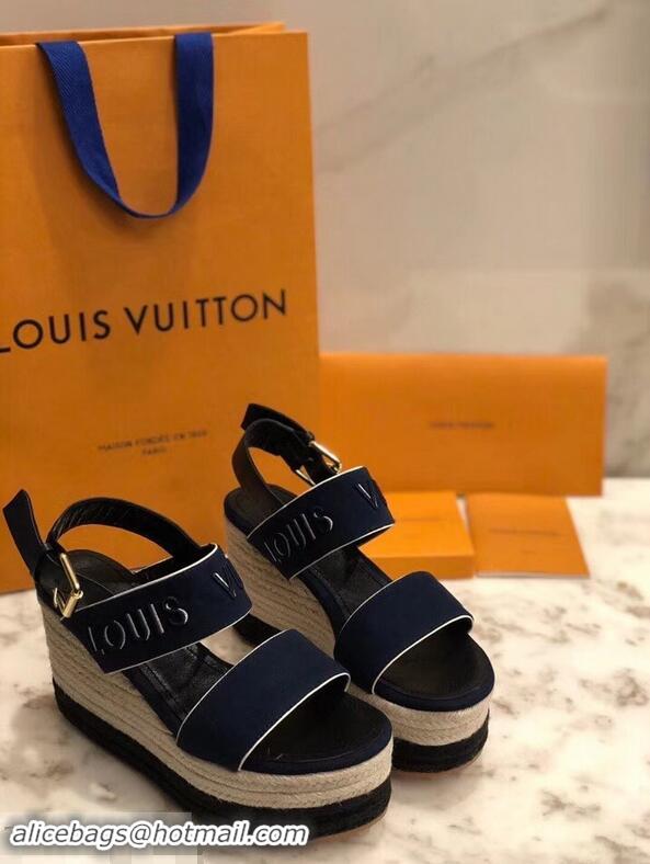 Pretty Style Louis Vuitton Heel 10cm Platform 6cm Harbour Wedge Sandals LV94904 Canvas Navy Blue 2019