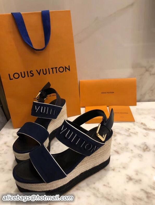 Pretty Style Louis Vuitton Heel 10cm Platform 6cm Harbour Wedge Sandals LV94904 Canvas Navy Blue 2019