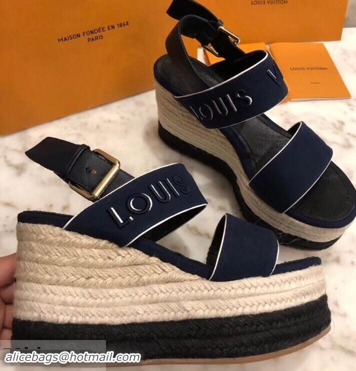 Pretty Style Louis Vuitton Heel 10cm Platform 6cm Harbour Wedge Sandals LV94904 Canvas Navy Blue 2019