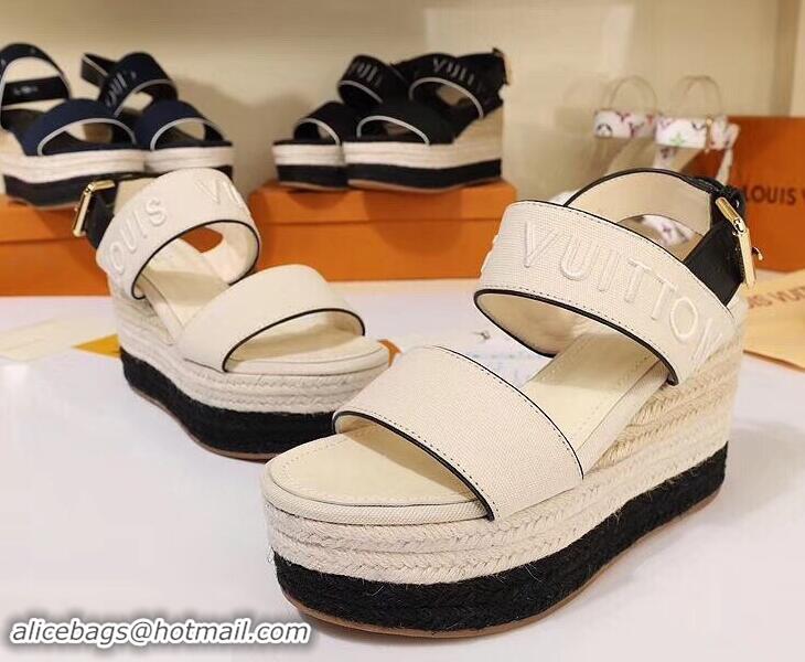 Top Grade Louis Vuitton Heel 10cm Platform 6cm Harbour Wedge Sandals LV94904 Canvas Creamy 2019