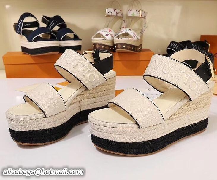 Top Grade Louis Vuitton Heel 10cm Platform 6cm Harbour Wedge Sandals LV94904 Canvas Creamy 2019