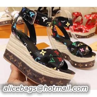 Faux Louis Vuitton Heel 10cm Platform 6cm Timelapse Wedge Sandals Monogram Canvas LV94907 Black/Multicolor 2019