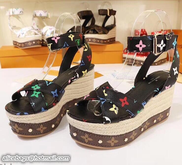 Faux Louis Vuitton Heel 10cm Platform 6cm Timelapse Wedge Sandals Monogram Canvas LV94907 Black/Multicolor 2019