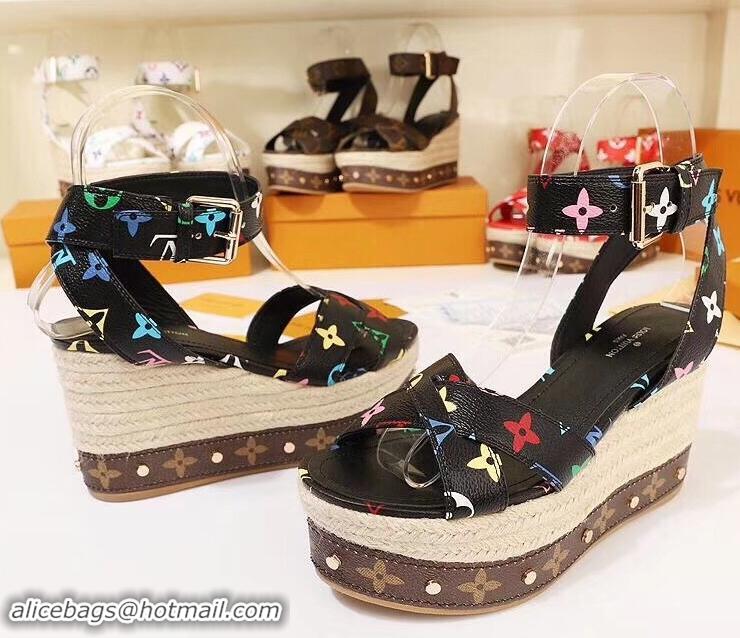 Faux Louis Vuitton Heel 10cm Platform 6cm Timelapse Wedge Sandals Monogram Canvas LV94907 Black/Multicolor 2019