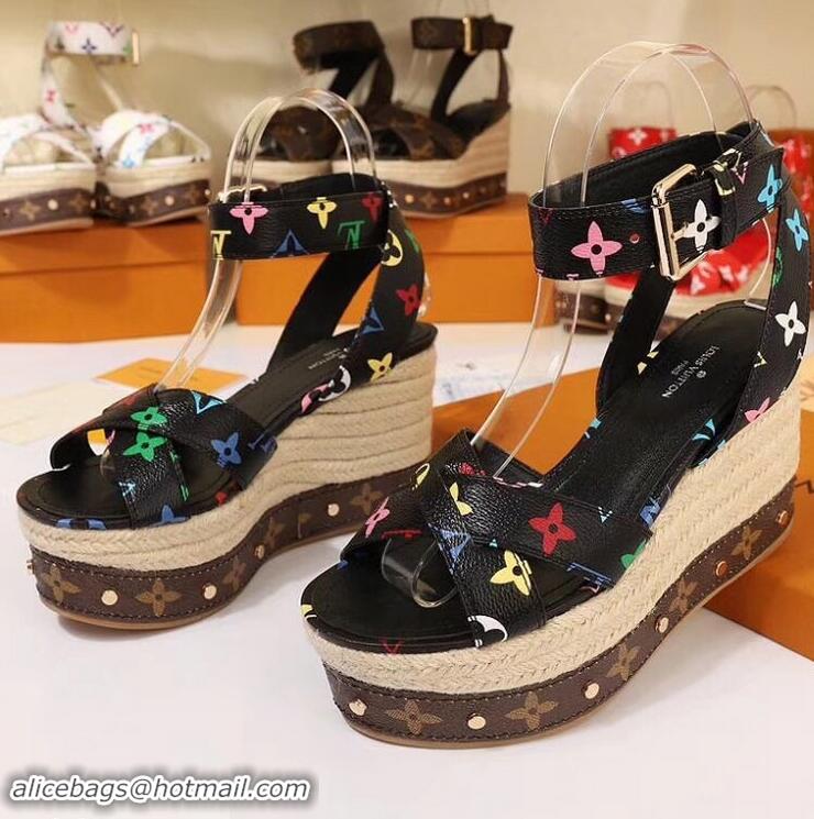 Faux Louis Vuitton Heel 10cm Platform 6cm Timelapse Wedge Sandals Monogram Canvas LV94907 Black/Multicolor 2019