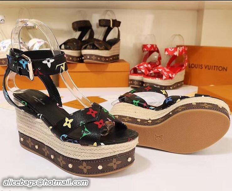 Faux Louis Vuitton Heel 10cm Platform 6cm Timelapse Wedge Sandals Monogram Canvas LV94907 Black/Multicolor 2019