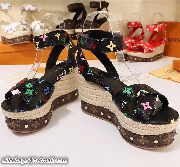 Faux Louis Vuitton Heel 10cm Platform 6cm Timelapse Wedge Sandals Monogram Canvas LV94907 Black/Multicolor 2019