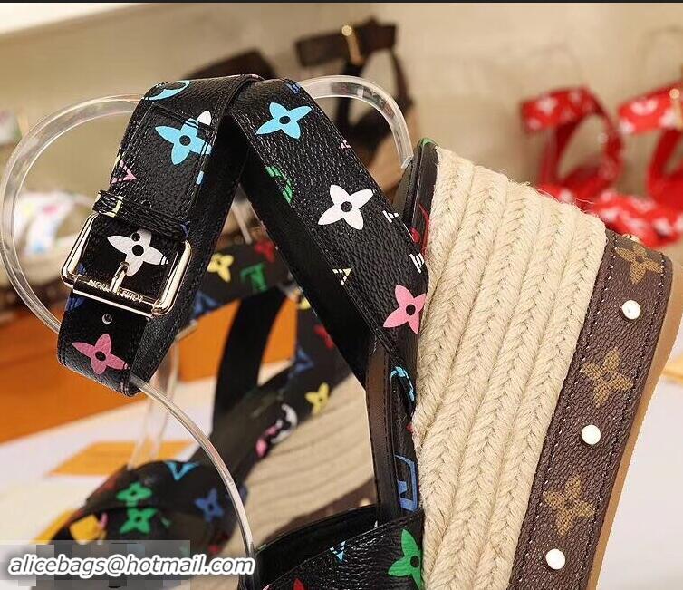 Faux Louis Vuitton Heel 10cm Platform 6cm Timelapse Wedge Sandals Monogram Canvas LV94907 Black/Multicolor 2019