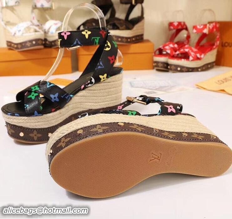 Faux Louis Vuitton Heel 10cm Platform 6cm Timelapse Wedge Sandals Monogram Canvas LV94907 Black/Multicolor 2019