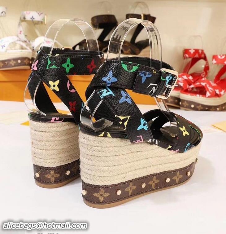 Faux Louis Vuitton Heel 10cm Platform 6cm Timelapse Wedge Sandals Monogram Canvas LV94907 Black/Multicolor 2019