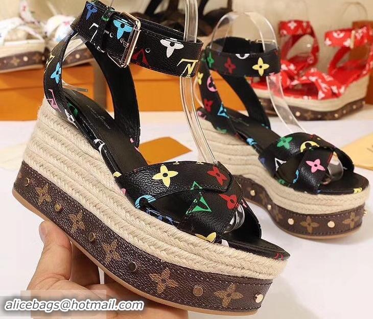 Faux Louis Vuitton Heel 10cm Platform 6cm Timelapse Wedge Sandals Monogram Canvas LV94907 Black/Multicolor 2019