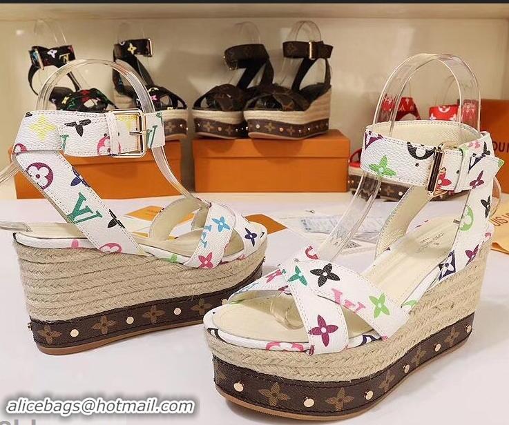 Durable Louis Vuitton Heel 10cm Platform 6cm Timelapse Wedge Sandals Monogram Canvas LV94907 White/Multicolor 2019