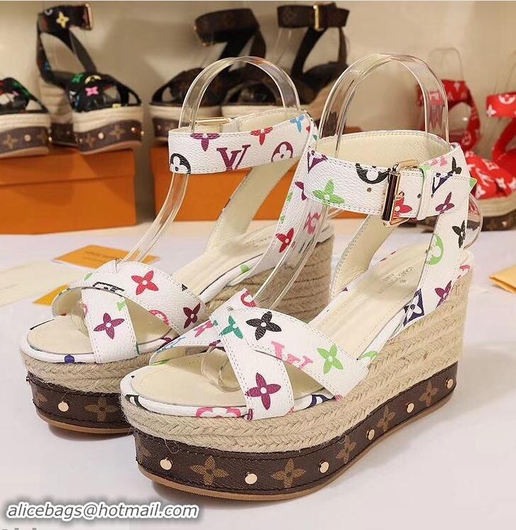 Durable Louis Vuitton Heel 10cm Platform 6cm Timelapse Wedge Sandals Monogram Canvas LV94907 White/Multicolor 2019