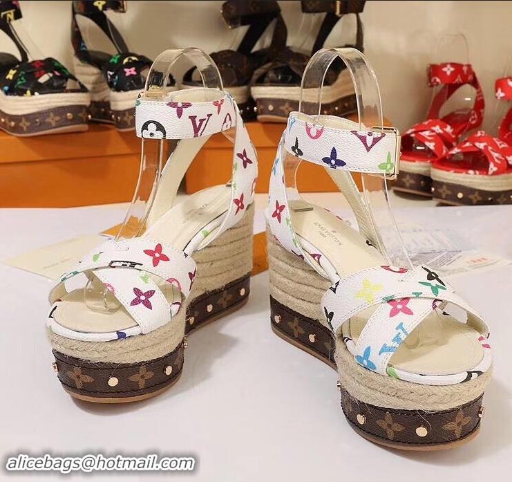 Durable Louis Vuitton Heel 10cm Platform 6cm Timelapse Wedge Sandals Monogram Canvas LV94907 White/Multicolor 2019