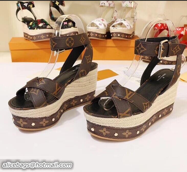 Low Price Louis Vuitton Heel 10cm Platform 6cm Timelapse Wedge Sandals Monogram Canvas LV94909 Brown 2019