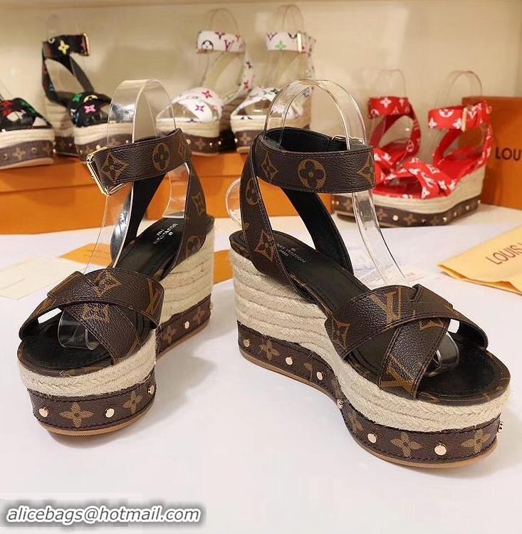 Low Price Louis Vuitton Heel 10cm Platform 6cm Timelapse Wedge Sandals Monogram Canvas LV94909 Brown 2019