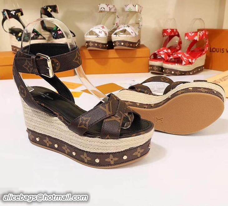 Low Price Louis Vuitton Heel 10cm Platform 6cm Timelapse Wedge Sandals Monogram Canvas LV94909 Brown 2019