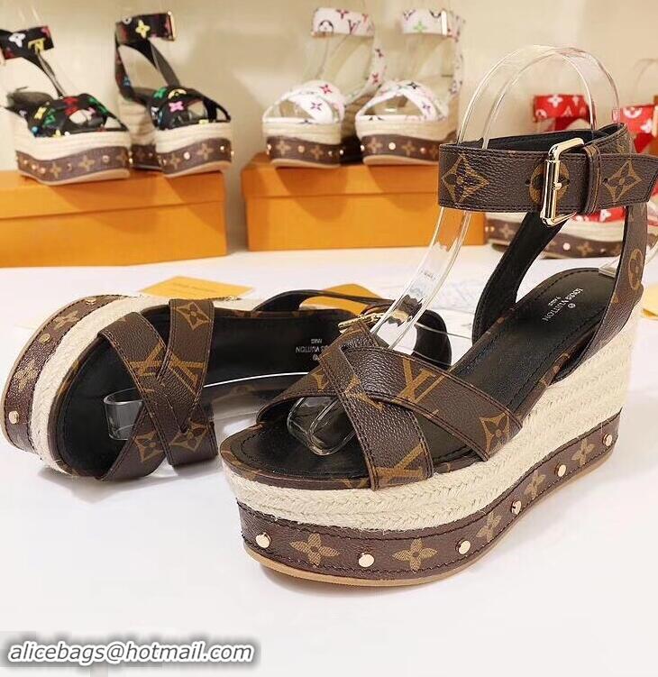 Low Price Louis Vuitton Heel 10cm Platform 6cm Timelapse Wedge Sandals Monogram Canvas LV94909 Brown 2019