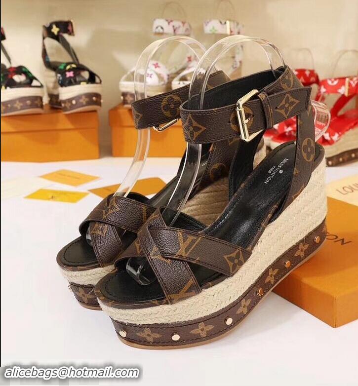 Low Price Louis Vuitton Heel 10cm Platform 6cm Timelapse Wedge Sandals Monogram Canvas LV94909 Brown 2019