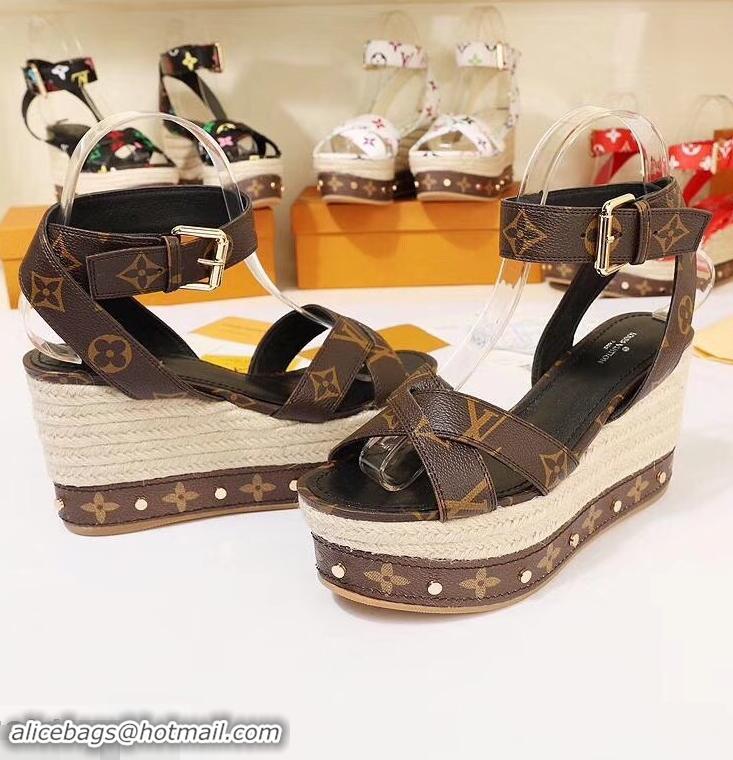 Low Price Louis Vuitton Heel 10cm Platform 6cm Timelapse Wedge Sandals Monogram Canvas LV94909 Brown 2019