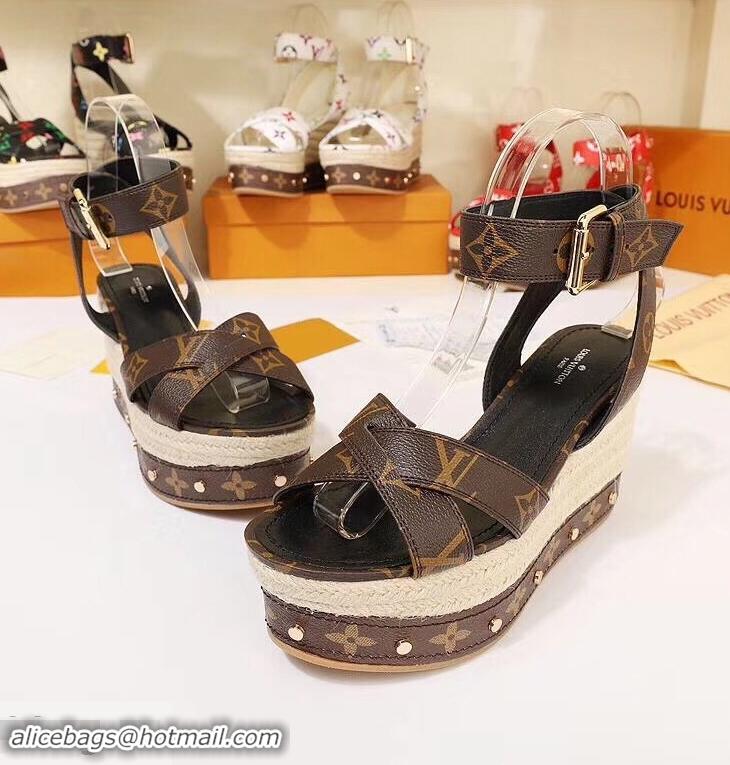 Low Price Louis Vuitton Heel 10cm Platform 6cm Timelapse Wedge Sandals Monogram Canvas LV94909 Brown 2019