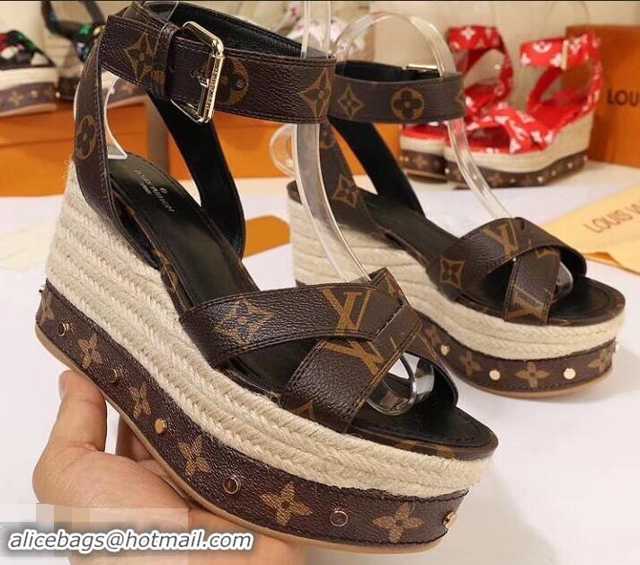 Low Price Louis Vuitton Heel 10cm Platform 6cm Timelapse Wedge Sandals Monogram Canvas LV94909 Brown 2019