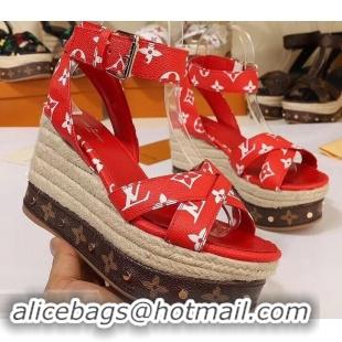 Duplicate Louis Vuitton Heel 10cm Platform 6cm Timelapse Wedge Sandals Monogram Canvas LV94909 Red 2019