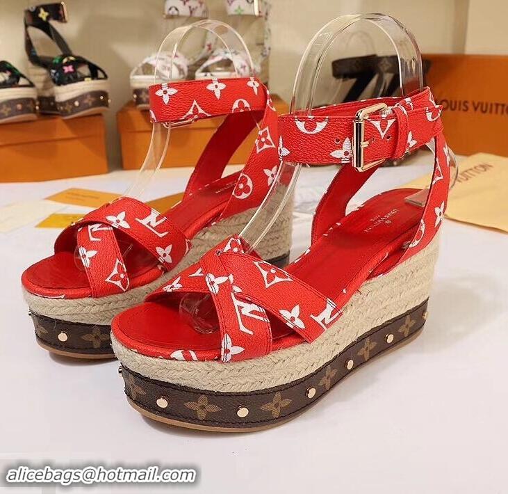 Duplicate Louis Vuitton Heel 10cm Platform 6cm Timelapse Wedge Sandals Monogram Canvas LV94909 Red 2019