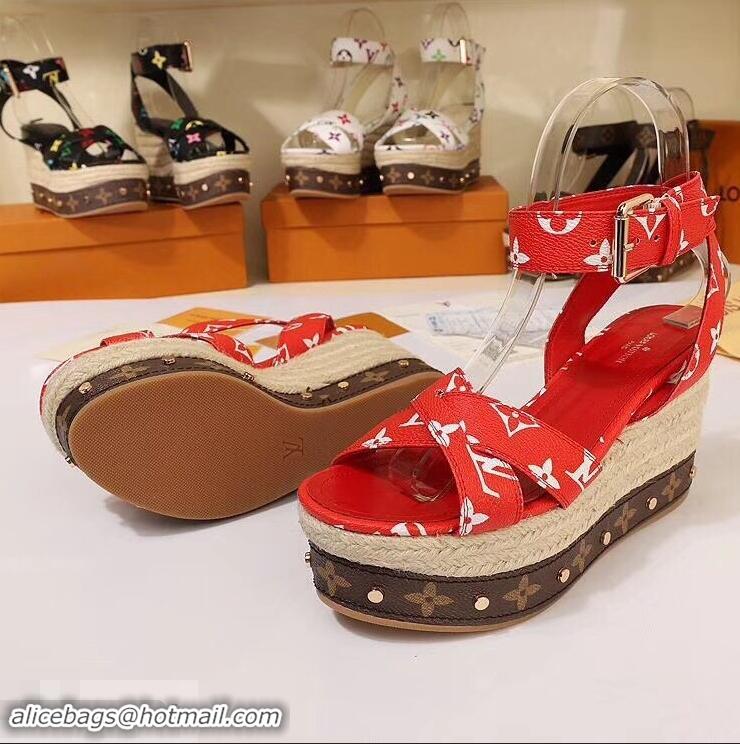 Duplicate Louis Vuitton Heel 10cm Platform 6cm Timelapse Wedge Sandals Monogram Canvas LV94909 Red 2019