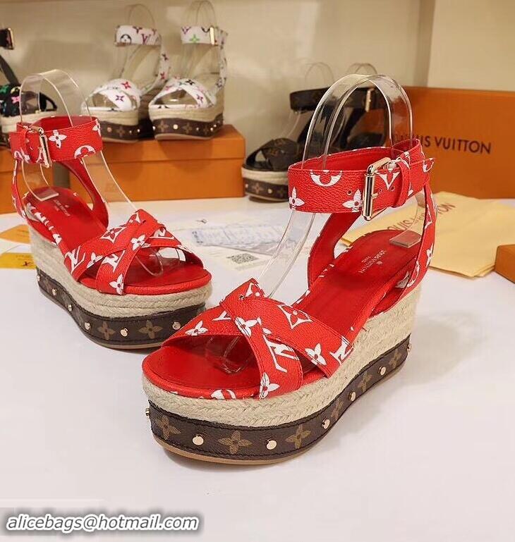 Duplicate Louis Vuitton Heel 10cm Platform 6cm Timelapse Wedge Sandals Monogram Canvas LV94909 Red 2019